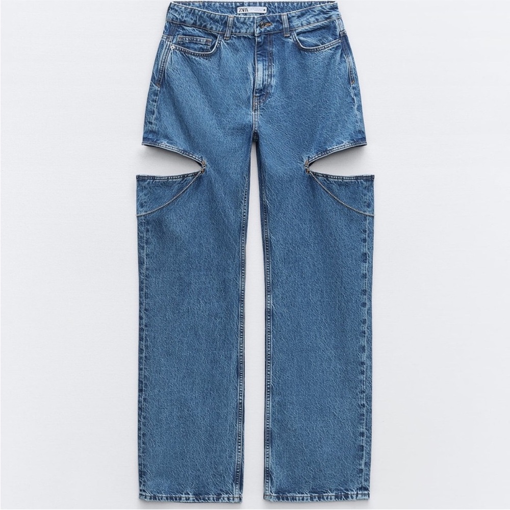 ZARA-USED ONCED - MID WAIST STRAIGHT LEG CUTOUT JEWEL CRISTAL JEANS - SIZE: US 2